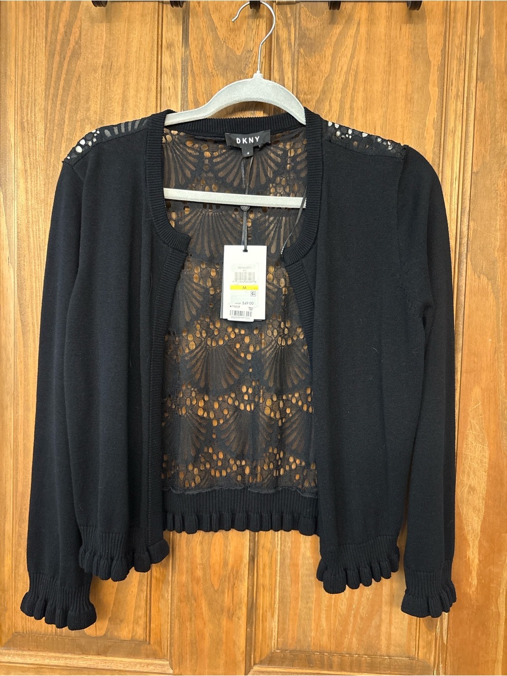 DKNY Black Lace Back Open Front Cardigan Sweater Size M NWT